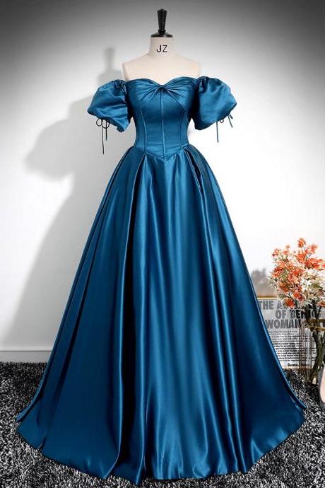 Puff Sleeves Satin Blue Long Prom Dress Formal Dress Sa1909