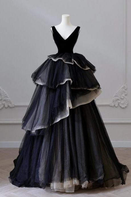 Black V Neck Tulle Long Prom Dress Formal Long Evening Dress Sa1923