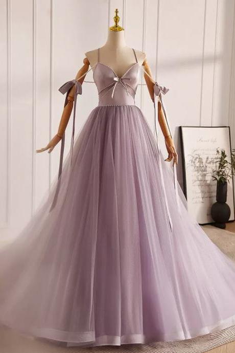V Neck Tulle Beads Purple Long Prom Dress Long Formal Dress Sa1925