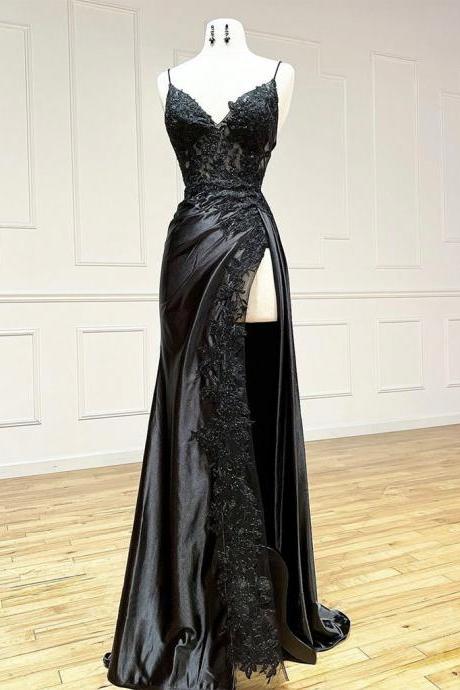 Black V Neck Lace Satin Long Prom Dress Formal Evening Dress Sa1927