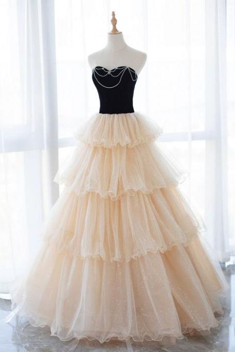 Champagne/black Tulle Long Prom Dress Formal Evening Dress Sa1943