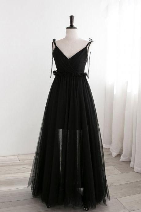A-line Black Tulle Long Prom Dresses Formal Evening Dresses Sa1946