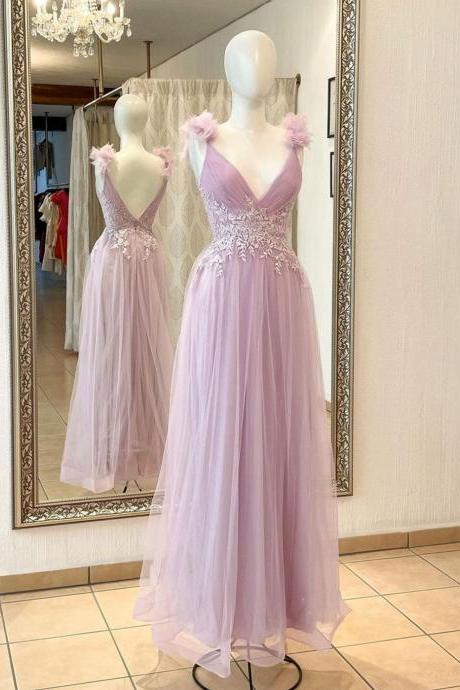 V Neck Tulle Pink Long Prom Dresses Formal Party Gown Dresses Sa1950