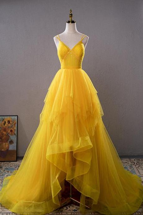 Yellow V Neck Tulle Long Prom Dress High Low Long Graduation Dress Sa1953
