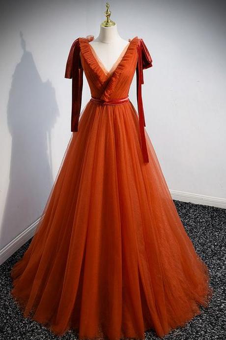 V Neck Tulle Brick Red Long Prom Dresses Formal Gown Graduation Dresses Sa1956