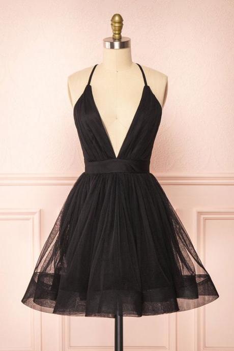 Simple V Neck Black Short Prom Dress Black Homecoming Formal Dress Sa1957