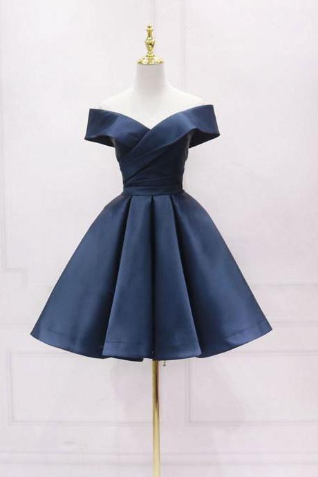 Blue Off Shoulder Satin Short Prom Formal Dress Blue Bridesmaid Dres Sa1958