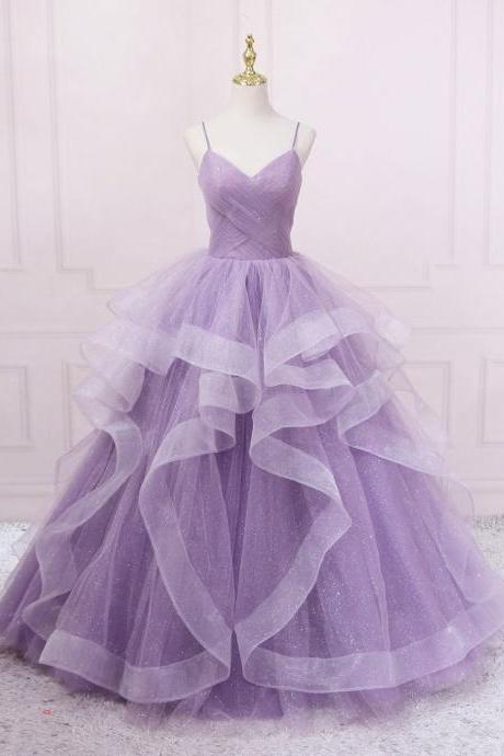 Purple V Neck Tulle Long Prom Dress Tulle Formal Party Dress Sa1959
