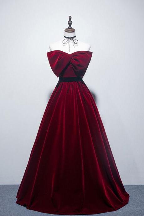 A Line Burgundy Satin Long Prom Dress Formal Velvet Bridesmaid Dress Sa1962