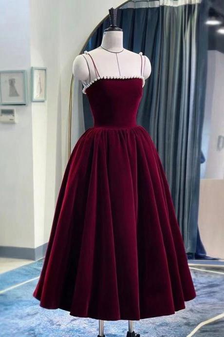 Burgundy Velvet Tea Length Prom Dress Formal Evening Dress Sa1965