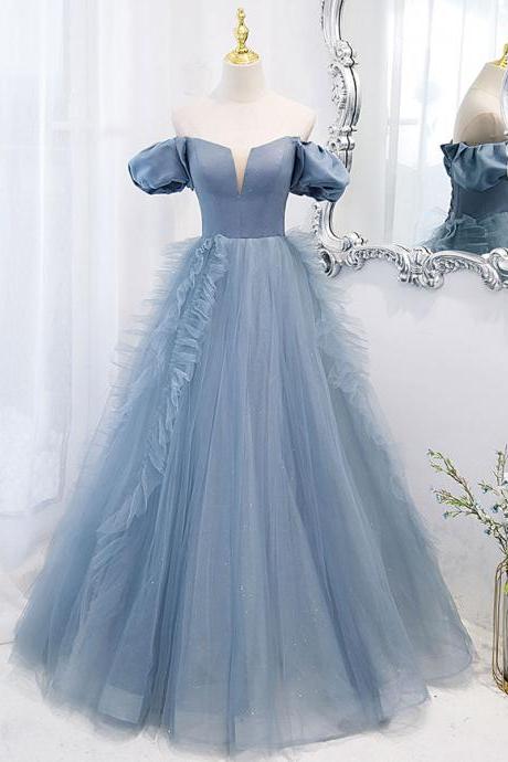 Blue Tulle Off Shoulder Long Prom Dress Formal Dress Sa1968