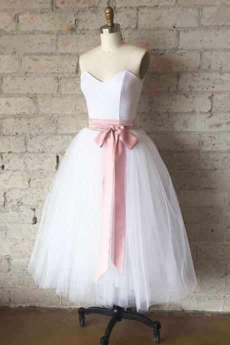White Tulle Short Prom Dress With Pink Sash Formal Bridesmaid Dress Sa1977
