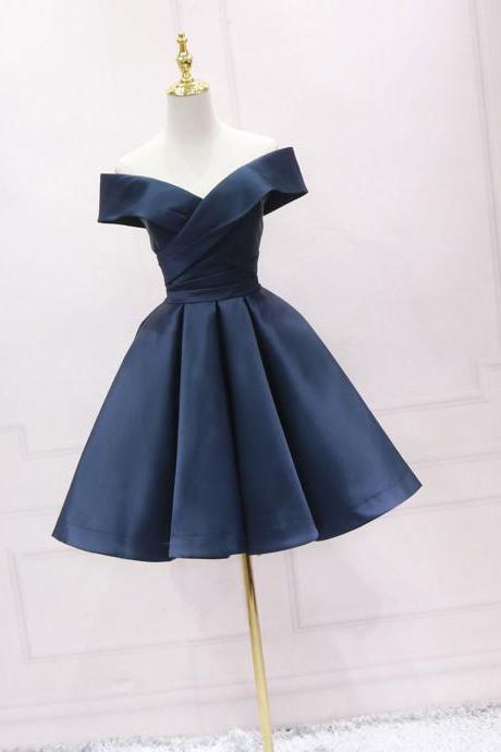 Simple Blue Off Shoulder Satin Short Prom Dress Formal Bridesmaid Dress Sa1983