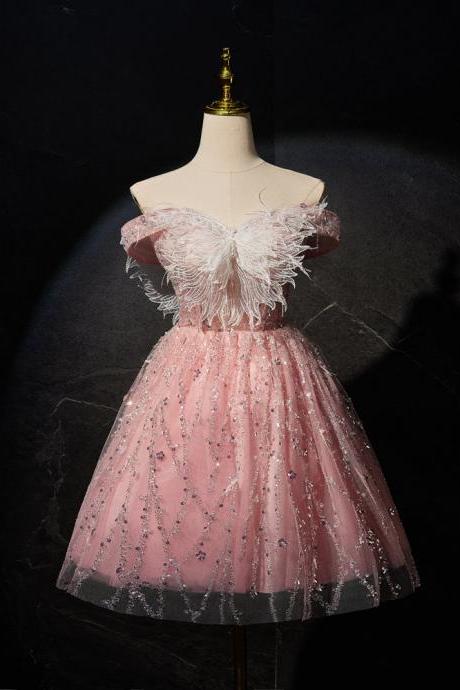 Pink A-line Tulle Lace Short Prom Dress,formal Dress Pink Cocktail Dress Sa1986