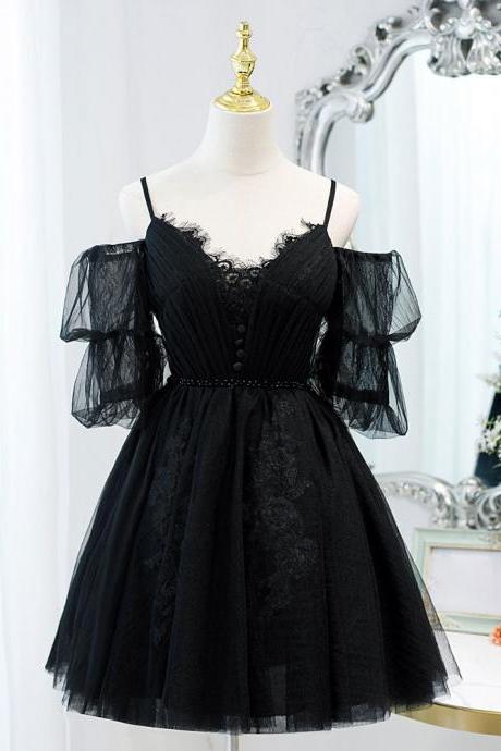 Black A-line Tulle Lace Short Prom Dress,formal Dress Homecoming Dresses Sa1994