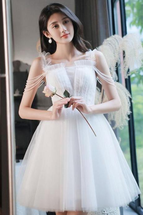 A-line Tulle Beads White Short Prom Dress, Formal Dress Homecoming Dress Sa1995