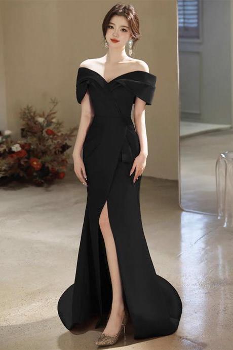 Simple Off Shoulder Satin Mermaid Black Long Prom Dress Long Formal Dress Sa2016