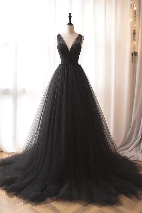 A-line V Neck Tulle Black Long Prom Dress Long Formal Dress Sa2021