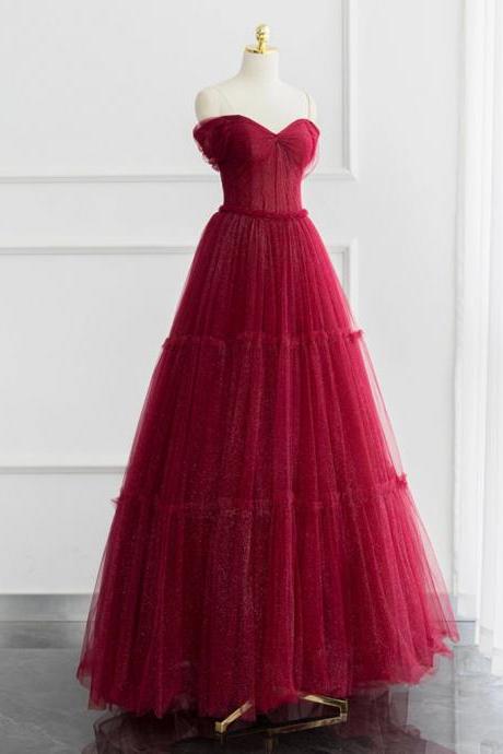 A-line Tulle Burgundy Long Prom Dress Formal Dress Sa2022