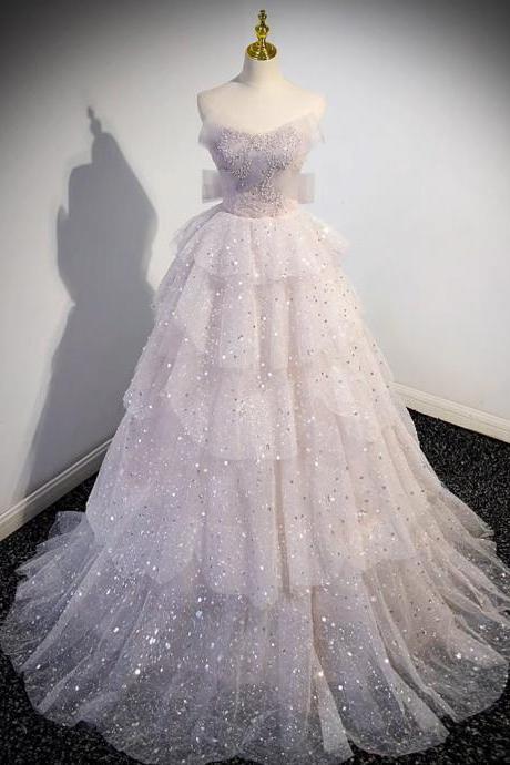 Off Shoulder Tulle Sequin Light Pink Long Prom Dress Long Evening Formal Dress Sa2023