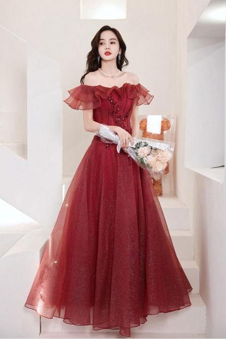 Off Shoulder Tulle Sequin Lace Burgundy Long Prom Dress Formal Dress Sa2024