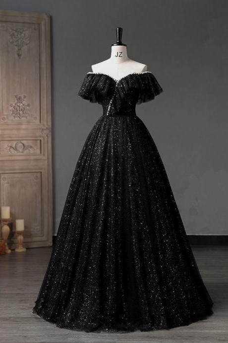 A-line Sweetheart Neck Tulle Sequin Black Long Prom Dress Formal Dress Sa2028
