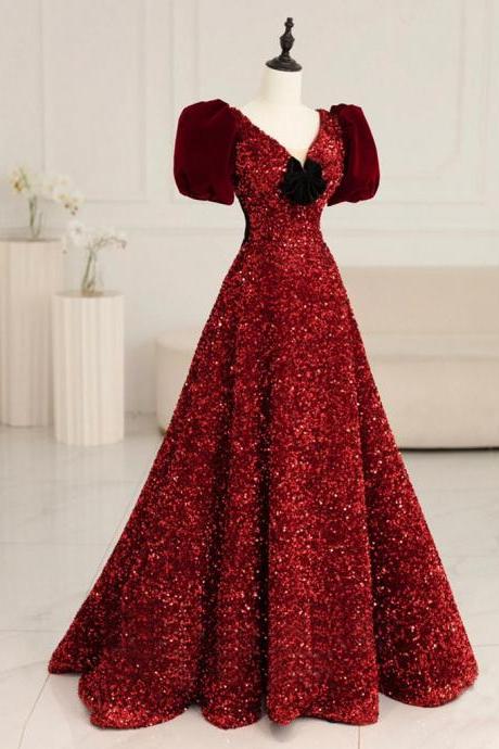 Burgundy V Neck Velvet Sequin Long Prom Dress Formal Dress Sa2033