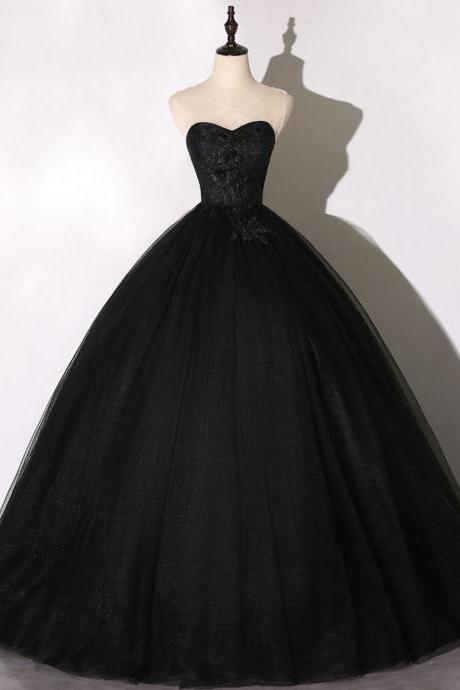 Black Tulle Lace Long Prom Dress, Black Lace Sweet Formal Dress Sa2036