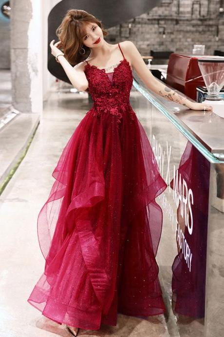 Burgundy V Neck Tulle Lace Long Prom Dress Formal Evening Dress Sa2043