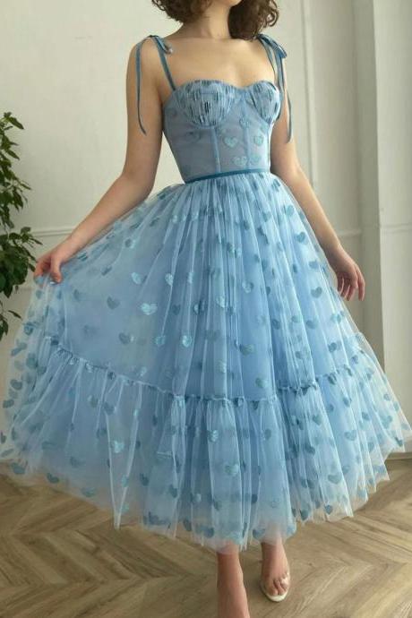 Blue Tulle Tea Length Prom Dress Formal Dress Sa2046