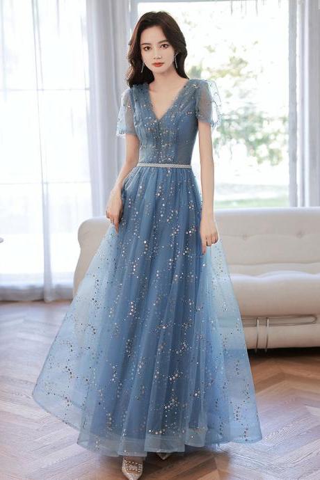 Blue V Neck Tulle Tea Length Prom Dress Sequin Evening Formal Dress Sa2048