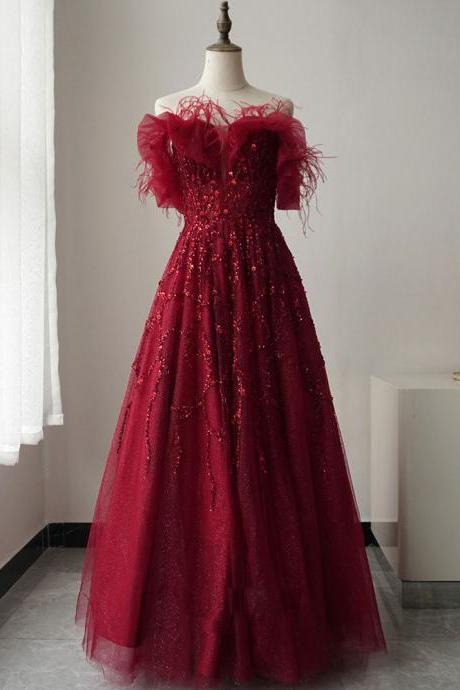 Burgundy Tulle Sequin Long Prom Dress Formal Evening Dress Sa2051