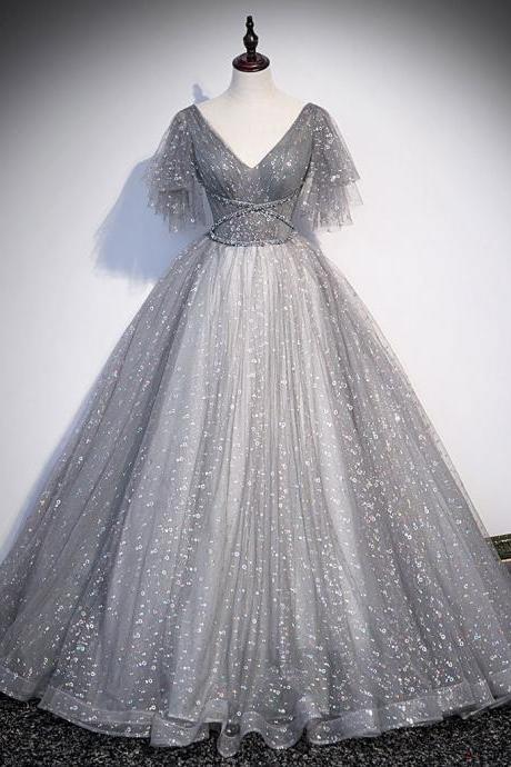 V Neck Tulle Sequin Long Prom Dress Formal Tulle Evening Dress Sa2052