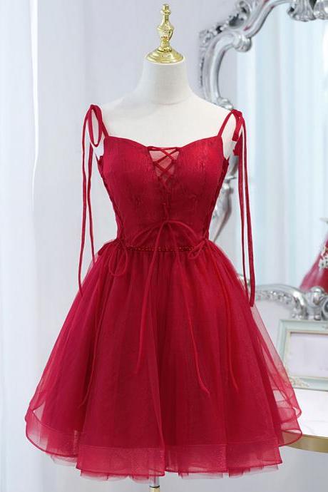 Burgundy Tulle Lace Short Prom Dress Formal Homecoming Dress Sa2053