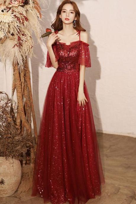 Burgundy Tulle Sequin Long Prom Dress Evening Dress Formal Dress Sa2061