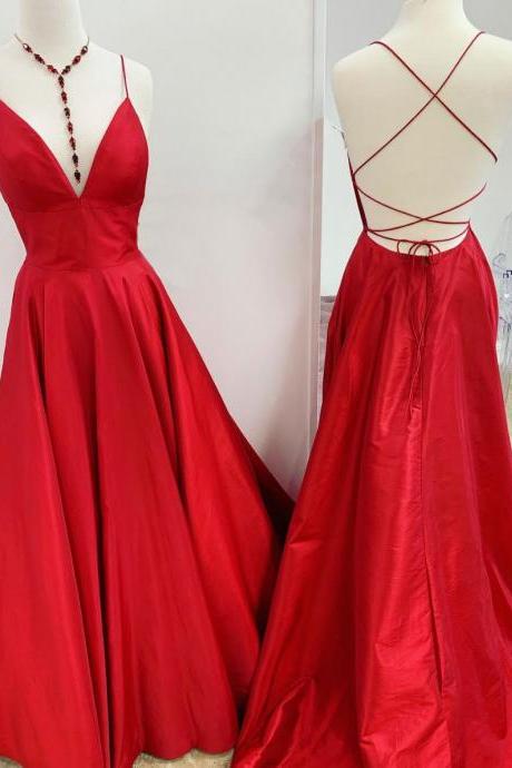 Simple V Neck Red Backless Long Prom Dress Red Evening Formal Dress Sa2065