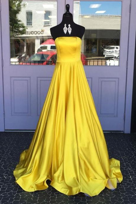 Yellow Satin Long Prom Dress, Yellow Evening Dress Sa2068