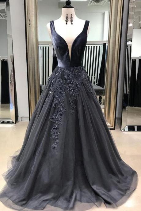 Black V Neck Tulle Lace Long Prom Dress Formal Tulle Evening Dress Sa2070