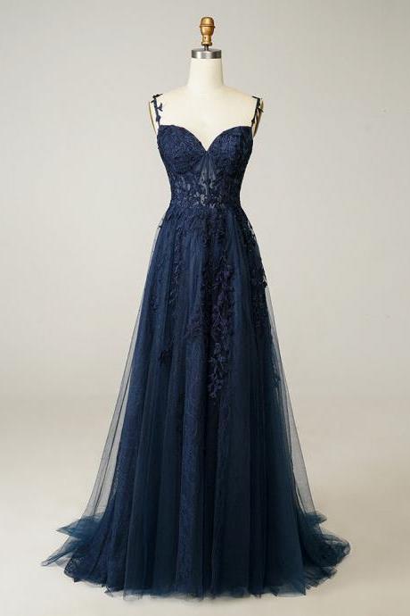 A-line Sweetheart Neck Tulle Lace Dark Blue Long Prom Dress Navy Blue Long Evening Formal Dress Sa2074