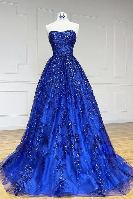 Sweetheart Neck Tulle Sequin Blue Long Prom Dress Long Formal Dress Sa2077