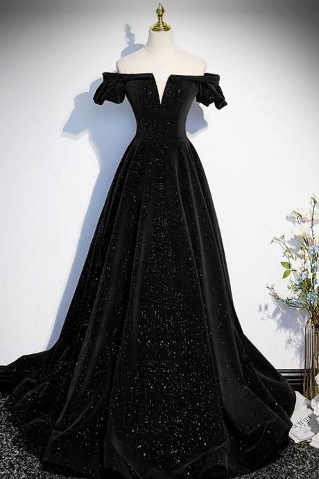 A-line Off Shoulder Velvet Black Long Prom Dress Formal Dress Sa2079