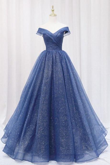 A-line Dark Blue Tulle Long Prom Dresses Formal Evening Dress Sa2084