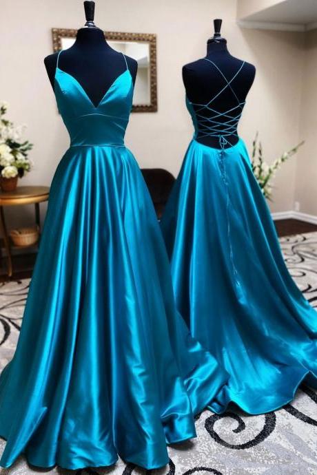 A-line Blue Satin Long Prom Dress Formal Evening Dresses Sa2085