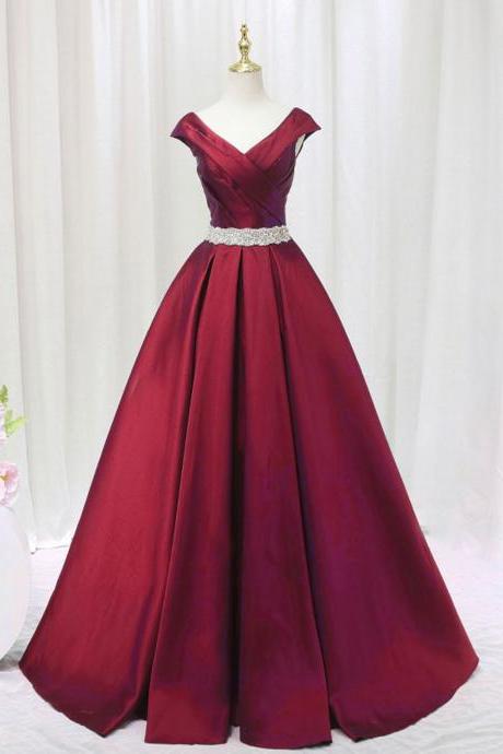 A-line Satin V Neck Burgundy Long Prom Dress Formal Dresses Sa2086