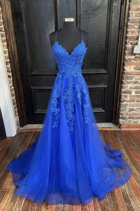 Blue V Neck Tulle Lace Long Prom Dress Tulle Evening Dress Sa2089