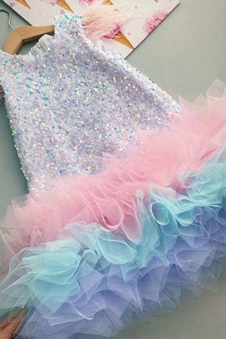 Sequined Dress, Girl's Catwalk Dress, Birthday Princess Dress, Baby Girl's First Birthday Dress Fk121