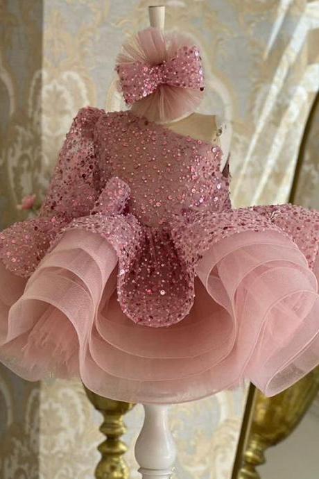 Girls&amp;#039; Dress Pink Sequin Short Princess Puffy Mesh Skirt Children&amp;#039;s Performance Clothing Fk122