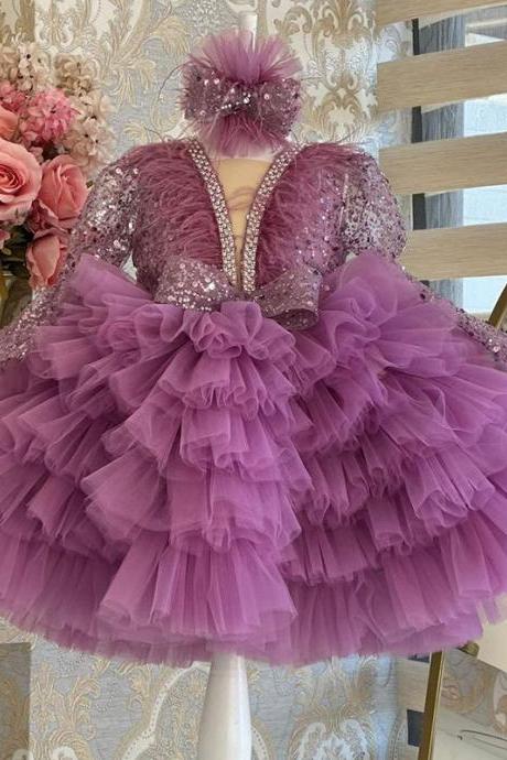 Princess Dress, Girl's Style Dress, V-neck Long-sleeved Little Girl's Dress, Children's Piano Performance