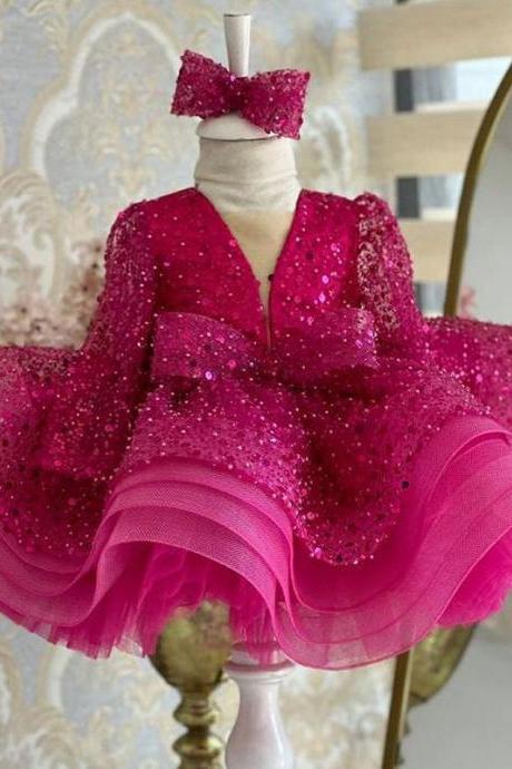 Rose Red Princess Dress For Girls, Fashionable Dress, Sequin Mesh Puffy Skirt, Baby Flower Girl Bow Dress Fk127