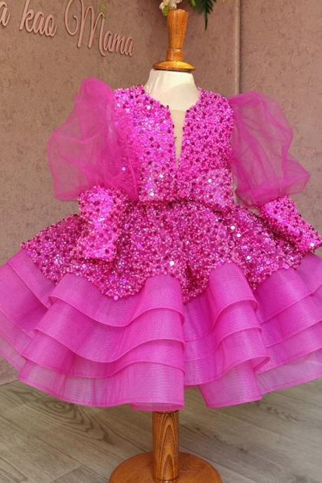 Princess Dress, Girl's Style Dress, Sequined Mesh, Puff Sleeves, Puffy Skirt, Rose Red Dress, Children's Performance